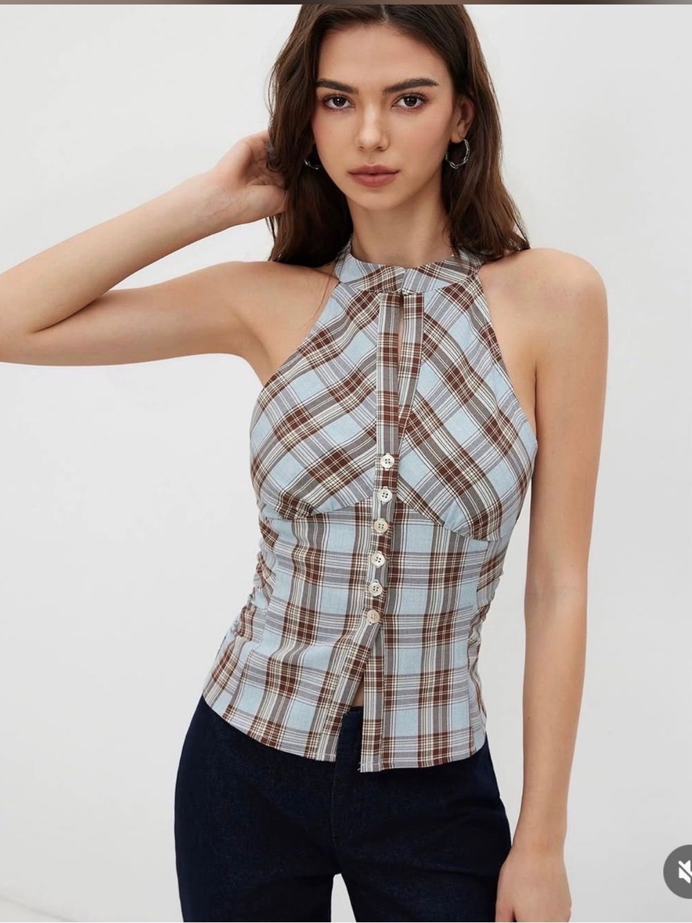 Cider Stand Collar Plaid Rushed Split Button Down Top NWT Size: Small